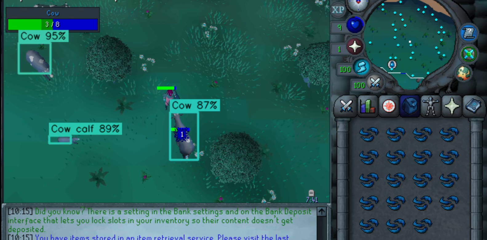 F2P Fighter AI detecting cows and a cow calf on the live game client