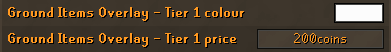 Ground Items overlay: loot value threshold set to 200 gp with the default white highlight colour