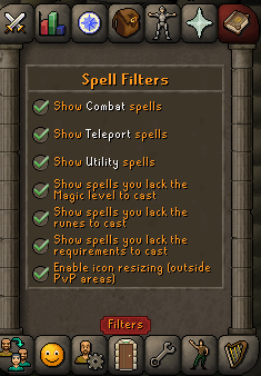 The OSRS Spell Filters panel with all seven options ticked